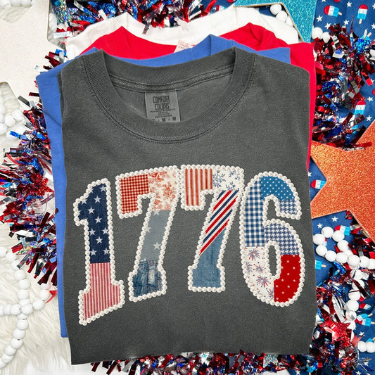 Faux Pearl Patriotic Patchwork 1776 Graphic Tee