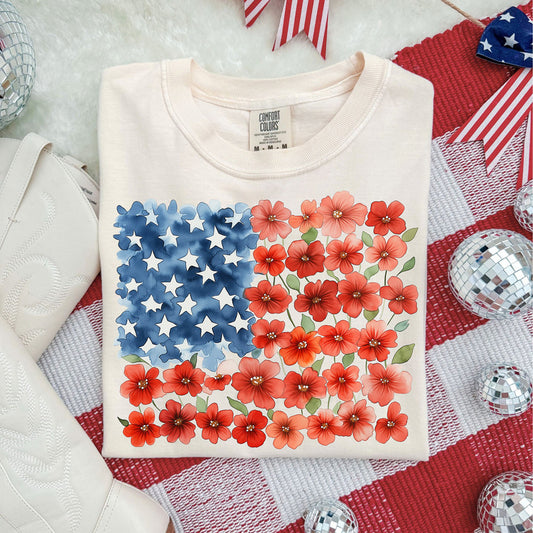 Floral Watercolor American Flag Graphic Tee